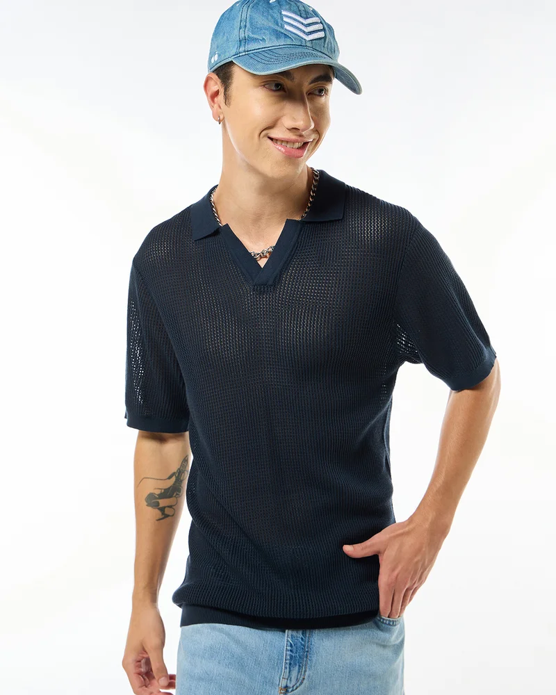 بيواكوف Men's Navy Blue Flatknit Polo T-shirt